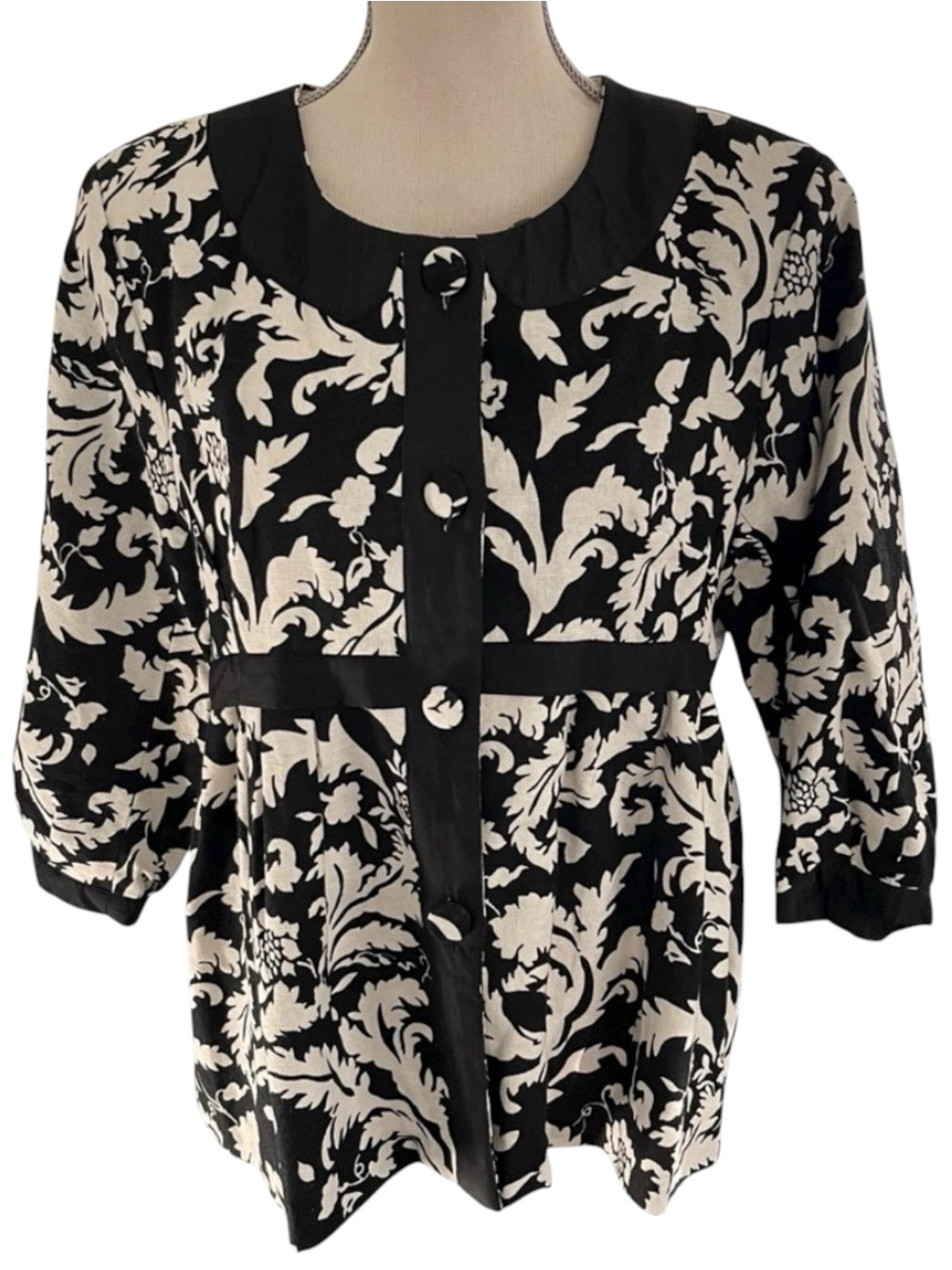 NWT Bob Mackie Black/White Linen Blend Scoop Neck 3/4 Puff Sleeve Jacket (14)